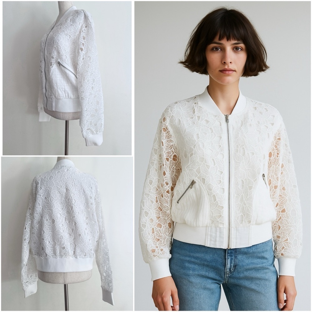 EUC Jason Wu White Floral Lace Plaid Pockets Full zip Up Eyelet Bomber Jacket L‌